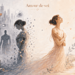 Illustration d’une femme passant de la fragmentation liée aux TCA à une posture apaisée d’amour, avec les mots amour, patience, pardon, espoir et persévérance.