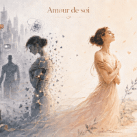 Illustration d’une femme passant de la fragmentation liée aux TCA à une posture apaisée d’amour, avec les mots amour, patience, pardon, espoir et persévérance.