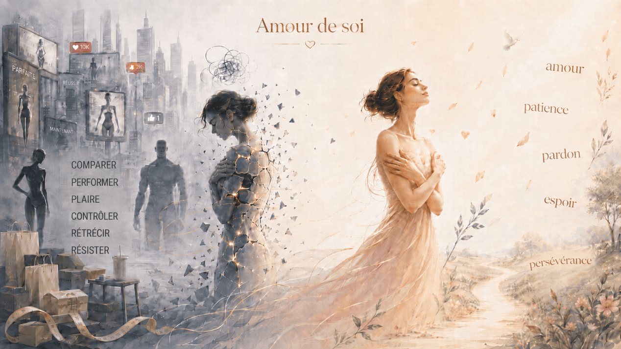 Illustration d’une femme passant de la fragmentation liée aux TCA à une posture apaisée d’amour, avec les mots amour, patience, pardon, espoir et persévérance.