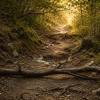 Sentier forestier semé d’obstacles naturels menant vers une zone lumineuse, symbole du cheminement dans les TCA