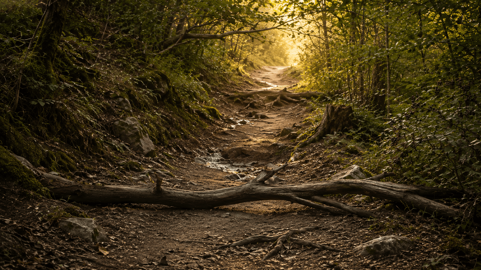 Sentier forestier semé d’obstacles naturels menant vers une zone lumineuse, symbole du cheminement dans les TCA