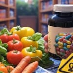 Compléments alimentaires étiquetés bio au milieu de légumes, symboles d’alerte et de confusion entre naturel et biologique