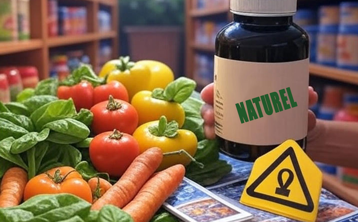 Compléments alimentaires étiquetés bio au milieu de légumes, symboles d’alerte et de confusion entre naturel et biologique
