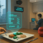 Illustration futuriste : en 2035, une assiette standardisée affichant des données nutritionnelles holographiques pendant qu’un bracelet connecté confirme « Menu approuvé »; caméra de surveillance et drones visibles en arrière-plan
