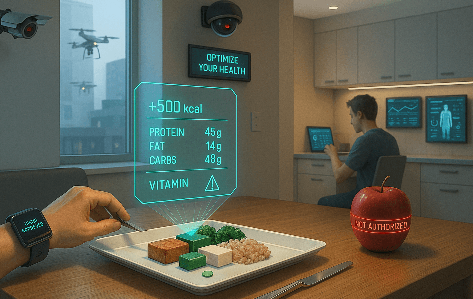 Illustration futuriste : en 2035, une assiette standardisée affichant des données nutritionnelles holographiques pendant qu’un bracelet connecté confirme « Menu approuvé »; caméra de surveillance et drones visibles en arrière-plan