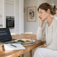 Jeune femme assise à une table face à un ordinateur affichant une interface d’intelligence artificielle, avec une assiette et un carnet, illustrant le lien entre TCA, contrôle alimentaire et outils numériques.