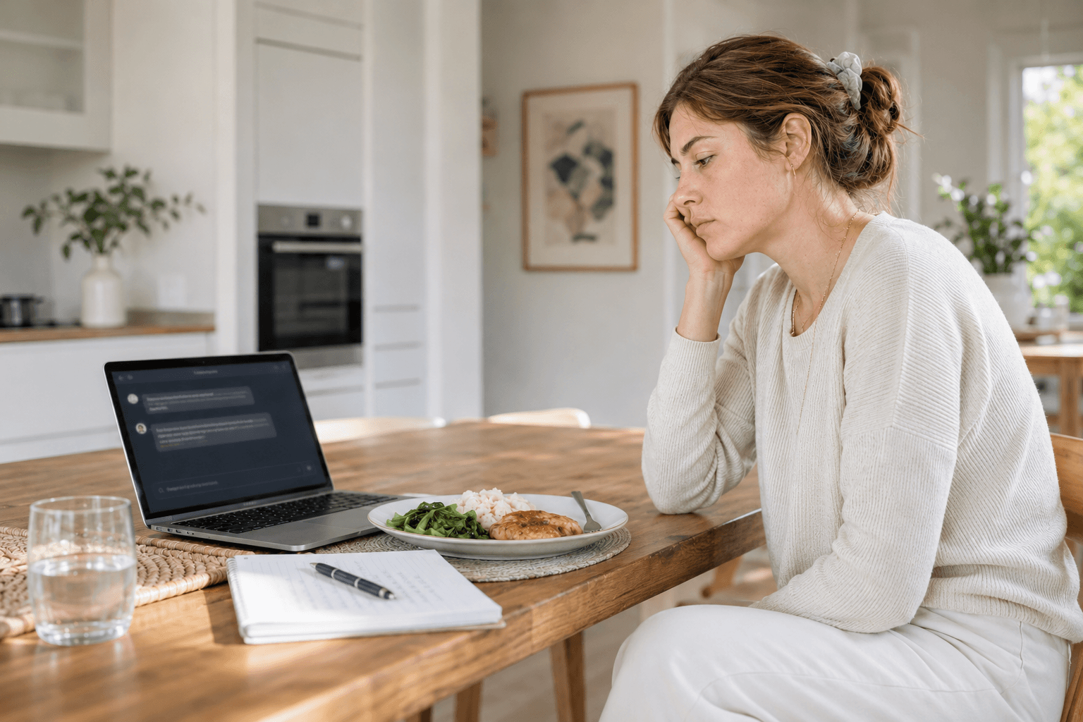 Jeune femme assise à une table face à un ordinateur affichant une interface d’intelligence artificielle, avec une assiette et un carnet, illustrant le lien entre TCA, contrôle alimentaire et outils numériques.